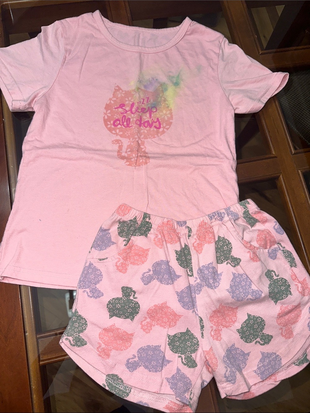 Kohl's Pink Girls' Short Pajama Set with Multi-Color Cat Prints